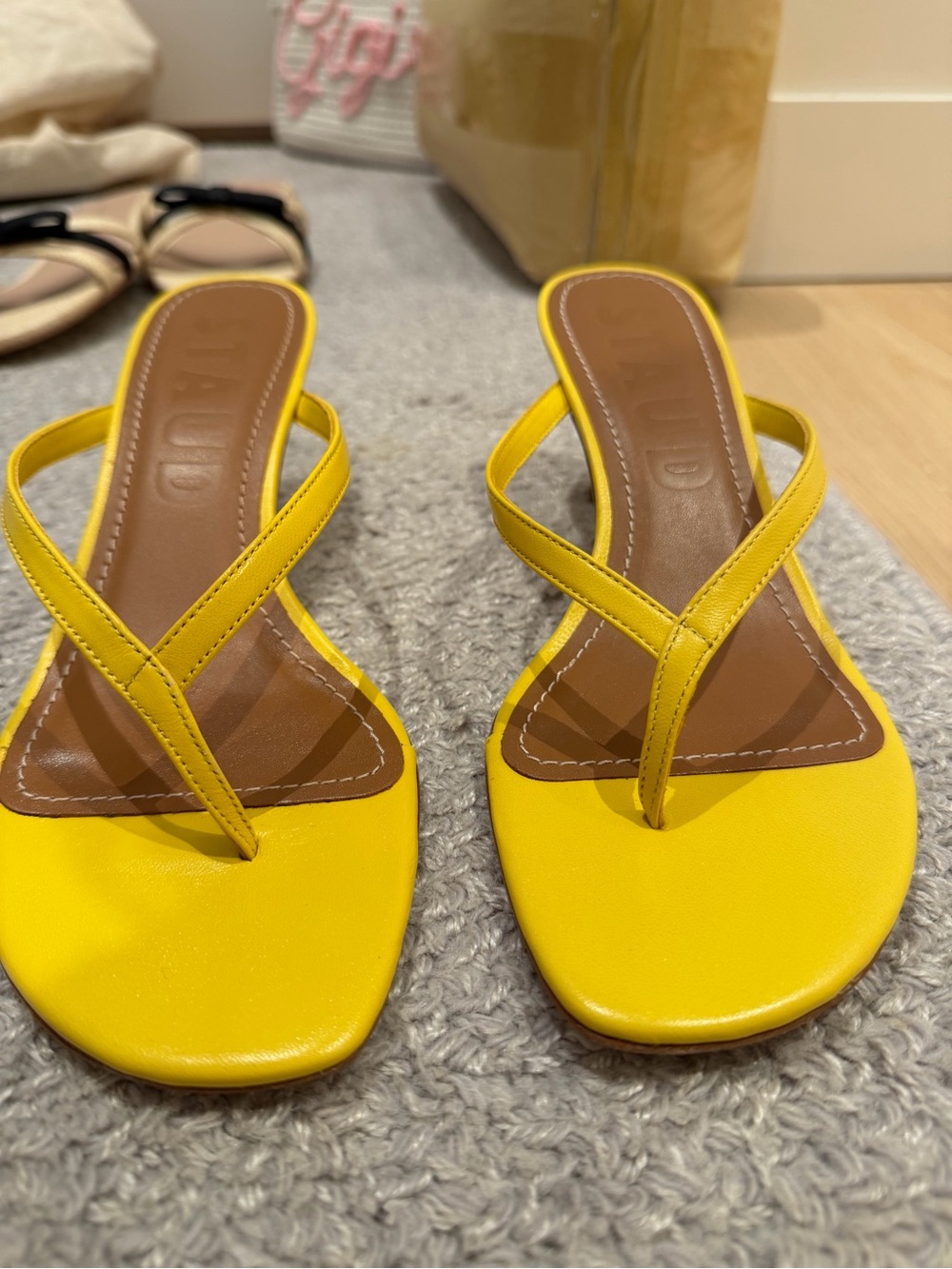 STAUD Bright Yellow Leather Strappy Square-Toe Heels - Picture 3 of 4